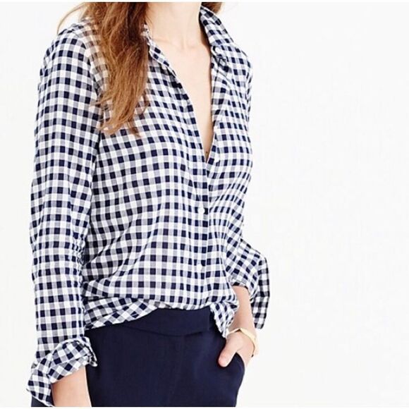 J CREW‎ FACTORY Navy Blue White Gingham Button Down Shirt Sz XS - Picture 1 of 7